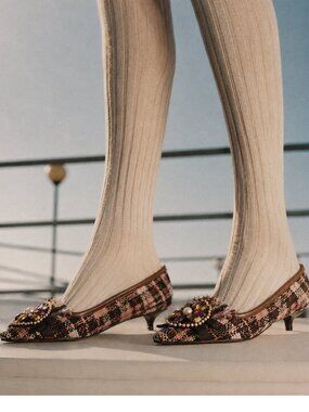 Vintage Miu Miu Tweed Jeweled Pearl Kitten Heels